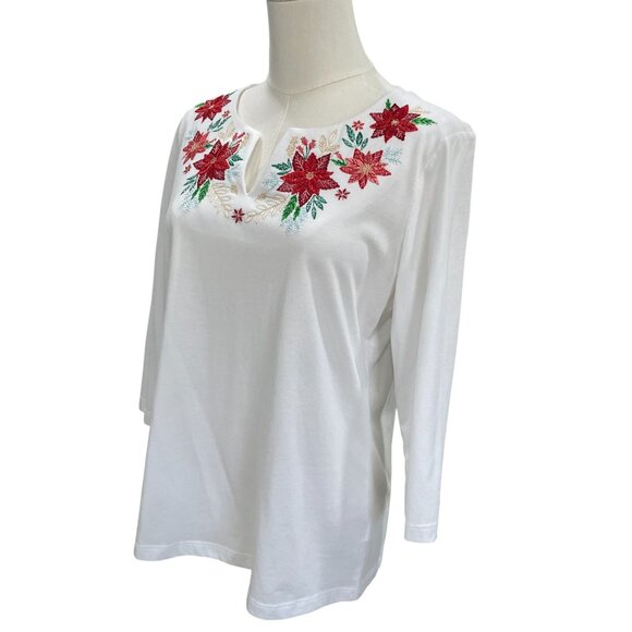 Coral Bay Holiday Poinsettia Embroidered White Top PM Petite Medium Christmas - Picture 6 of 8